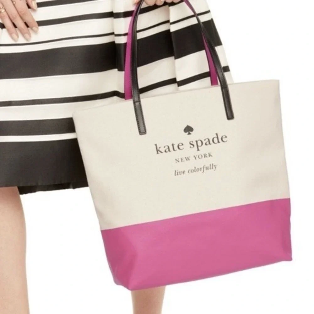 NEW Kate Spade BASIN VIEW Bon Shopper LOGO Tote Bag CANVAS Leather Purse Pink - Picture 1 of 11